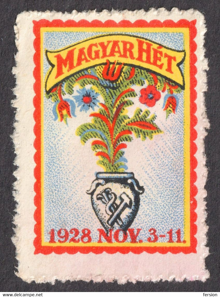 Folk Art FLOWER Flowers 1928 Budapest Fair Exhibition Hungary Hungarian Week Label Vignette Cinderella Hammer Caduceus - Other & Unclassified