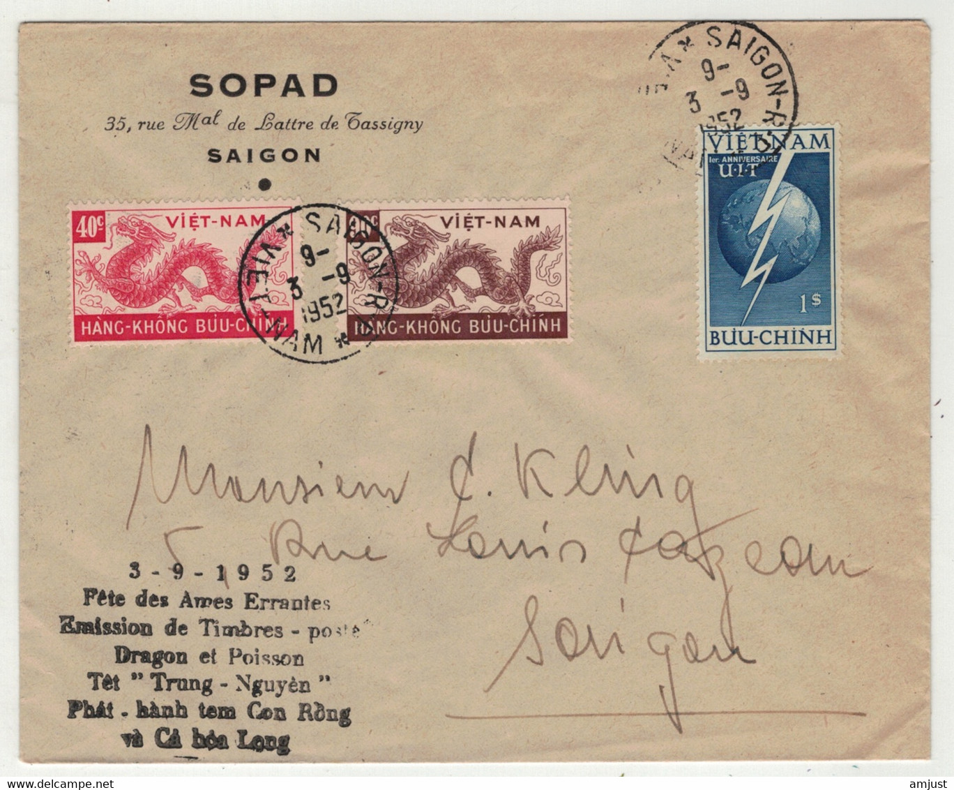 Viêt-Nam // Vietnam // Lettre Pour Saigon Le 3.09.1952 , Fête Des Ames Errantes - Vietnam