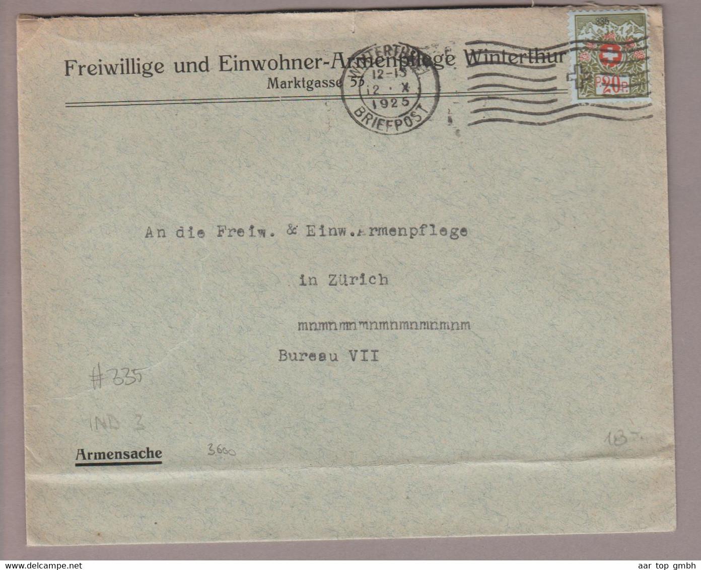 CH Portofreiheit Zu#7A Kl#335 Brief 1925-10-12 Winterthur Nach Zürich "Freiwillige Und Einwohner-Armenpflege" - Portofreiheit