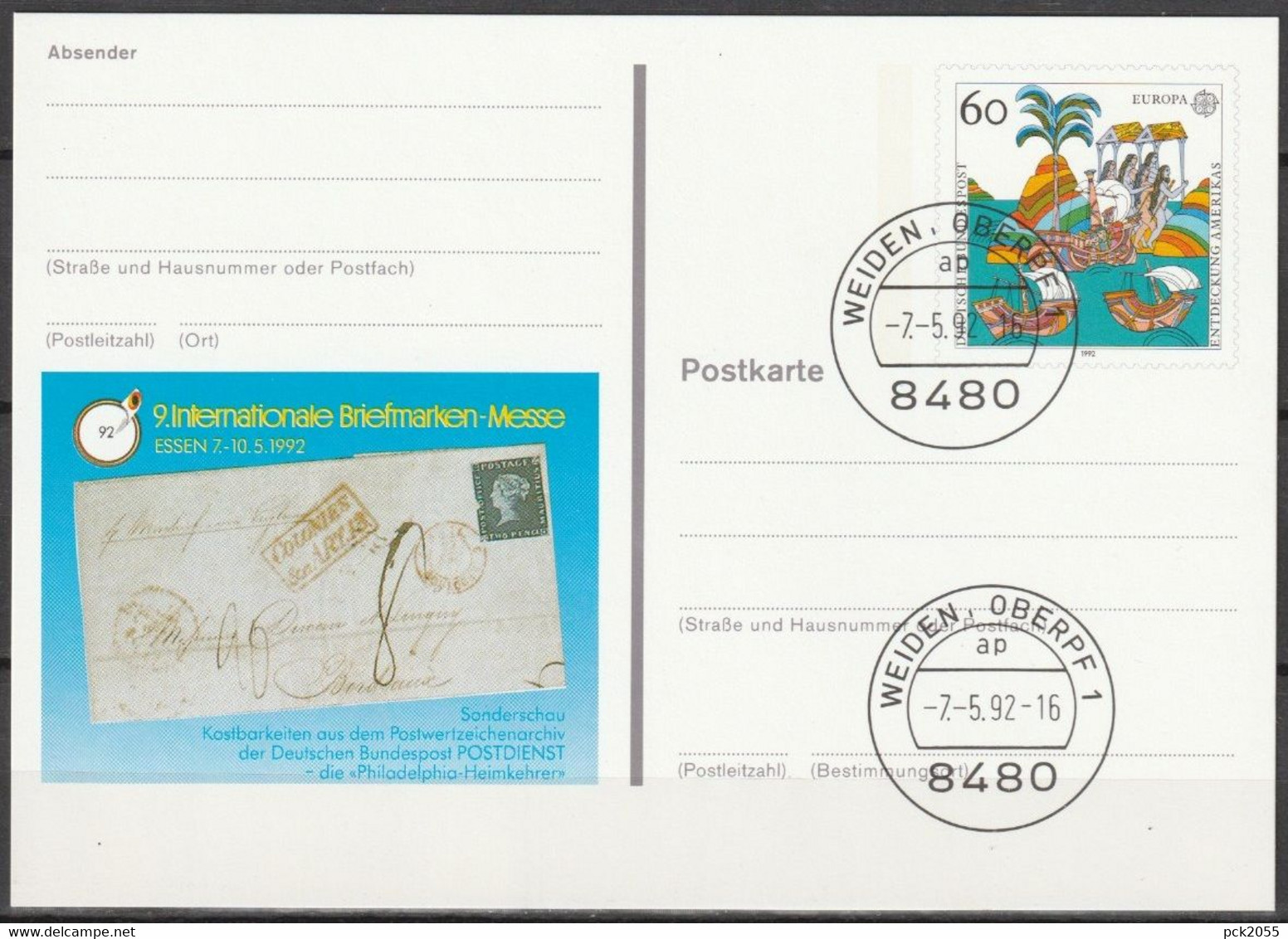 BRD Ganzsache1992 PSo27 Messe Essen Ersttagsstempel 7.5.92 WEIDEN OBERPF(d3594)günstige Versandkosten - Postkarten - Gebraucht