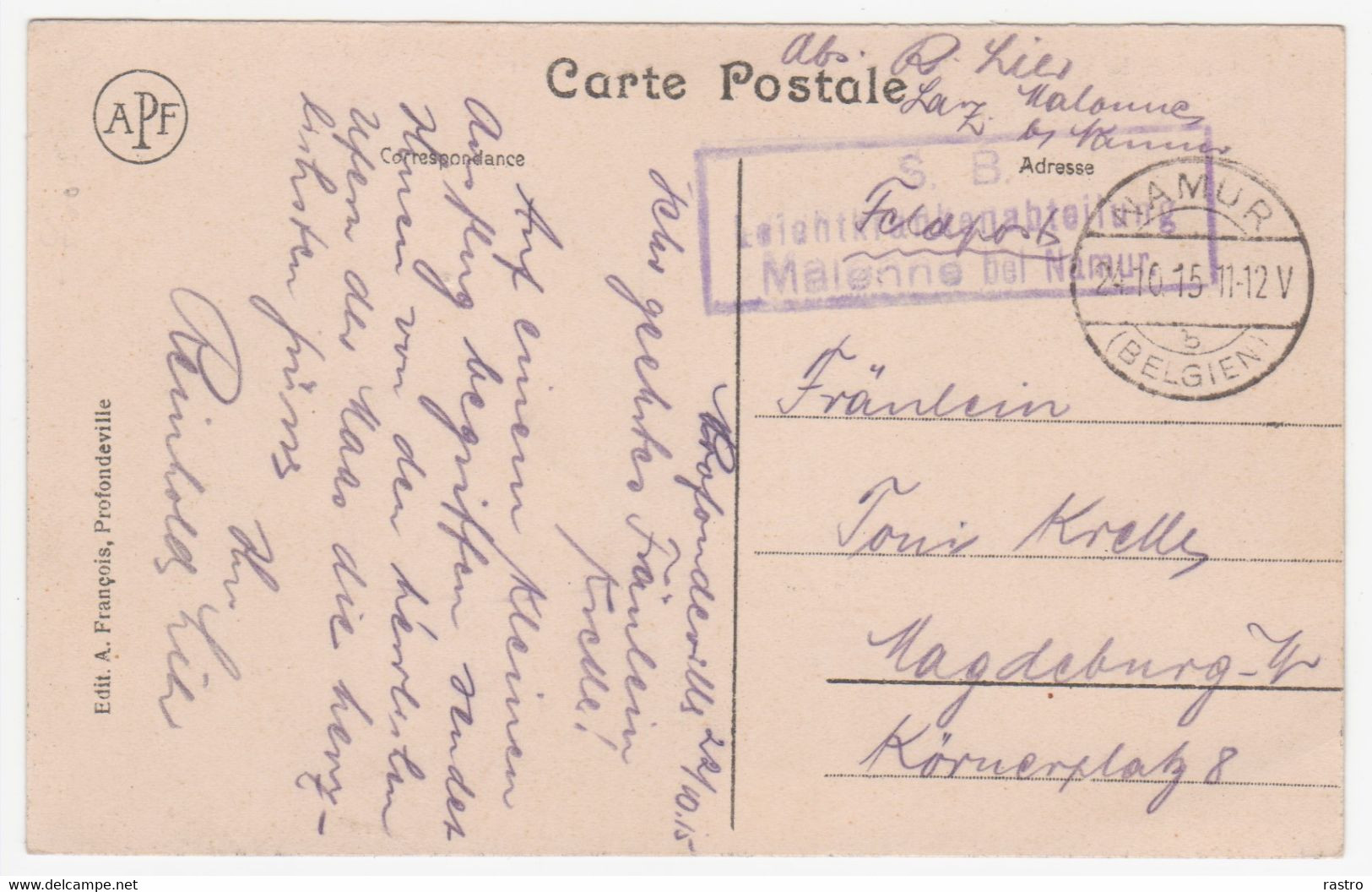 Carte-vue (Profondeville) En Franchise "Feldpost" O D'occup. Libramont + Cachet Service De Santé Vers  Magdebourg (1915) - Zonder Portkosten