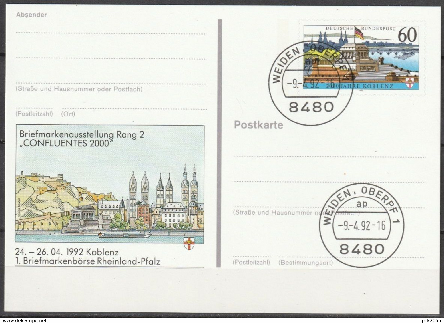 BRD Ganzsache1992 PSo26 Briefmarkenbörse Koblenz EST.9.4.92 WEIDEN OBERPF  (d3749)günstige Versandkosten - Postkarten - Gebraucht