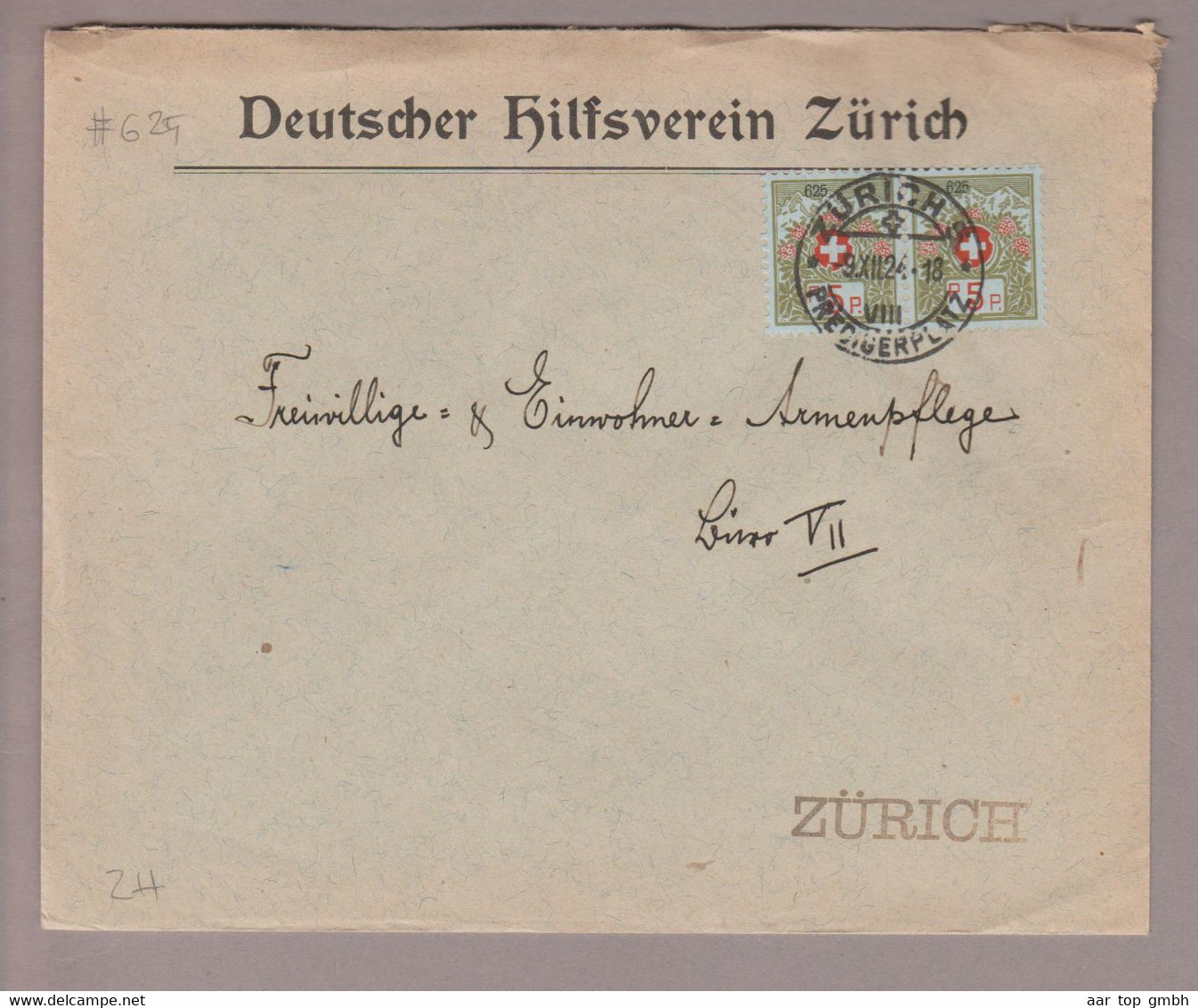 CH Portofreiheit Zu#4A 5Rp. Paar Kl#625 Brief Zürich5 1924-12-09 "Deutscher Hilfsverein Zürich" - Vrijstelling Van Portkosten