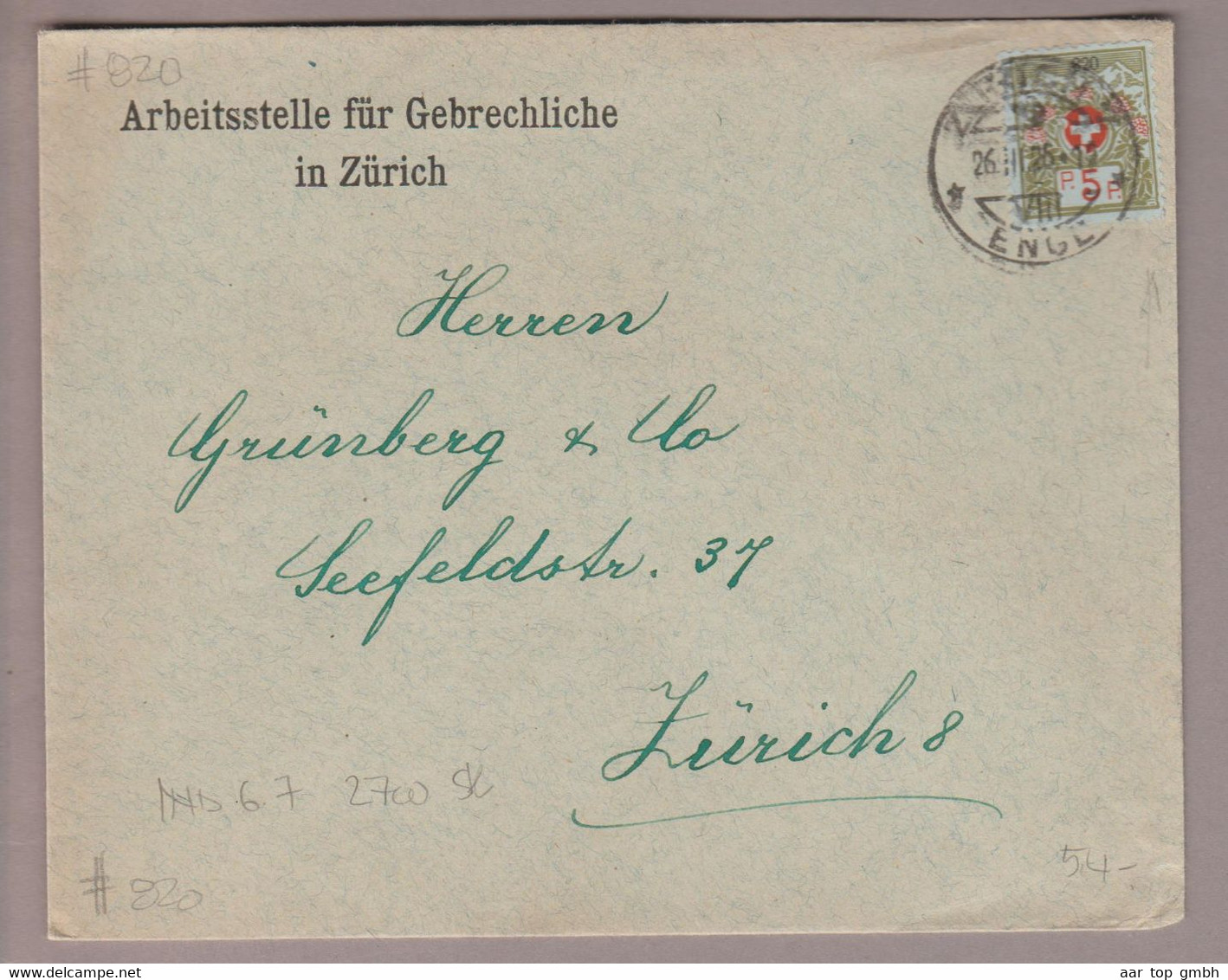 CH Portofreiheit Zu#4A 5Rp. Kl#820 Brief Zürich 1926-03-26 Arbeitsstelle Für Gebrechliche In Zürich - Portofreiheit