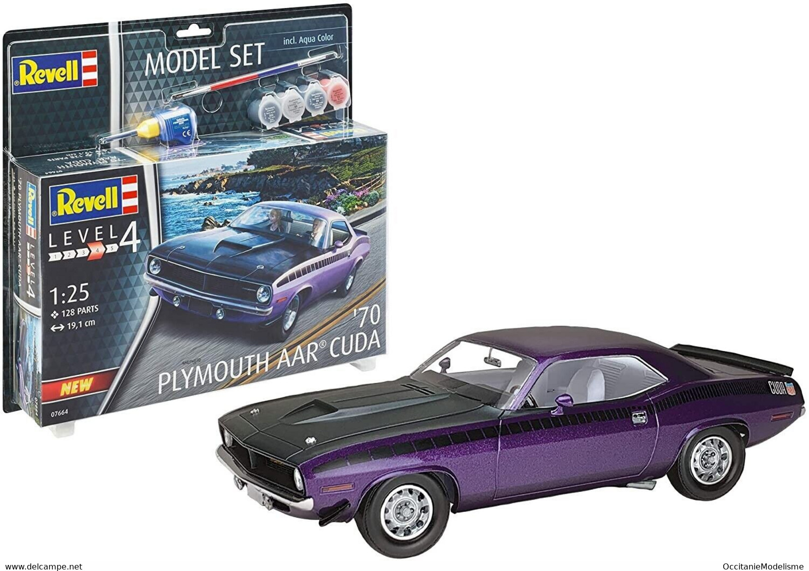 Revell - SET PLYMOUTH AAR CUDA 1970 + Peintures + Colle Maquette Kit Plastique Réf. 67664 Neuf NBO 1/25 - Auto's