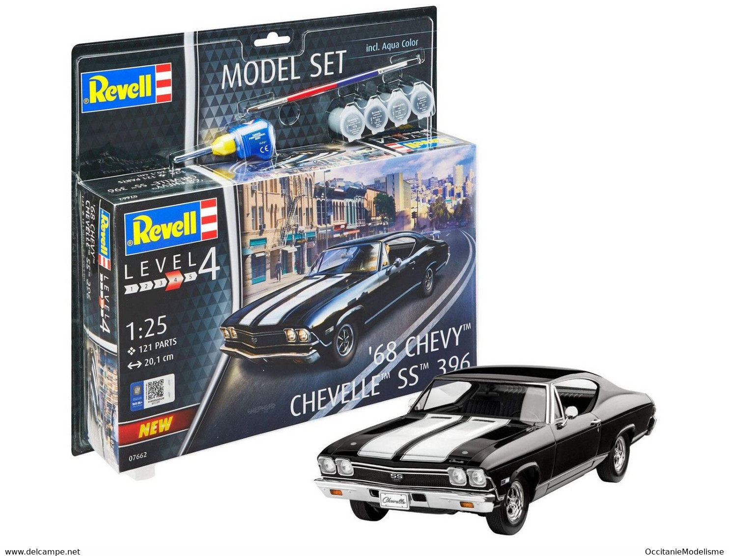 Revell - SET CHEVROLET CHEVELLE SS 396 1968 + Peintures + Colle Maquette Kit Plastique Réf. 67662 Neuf NBO 1/25 - Auto's