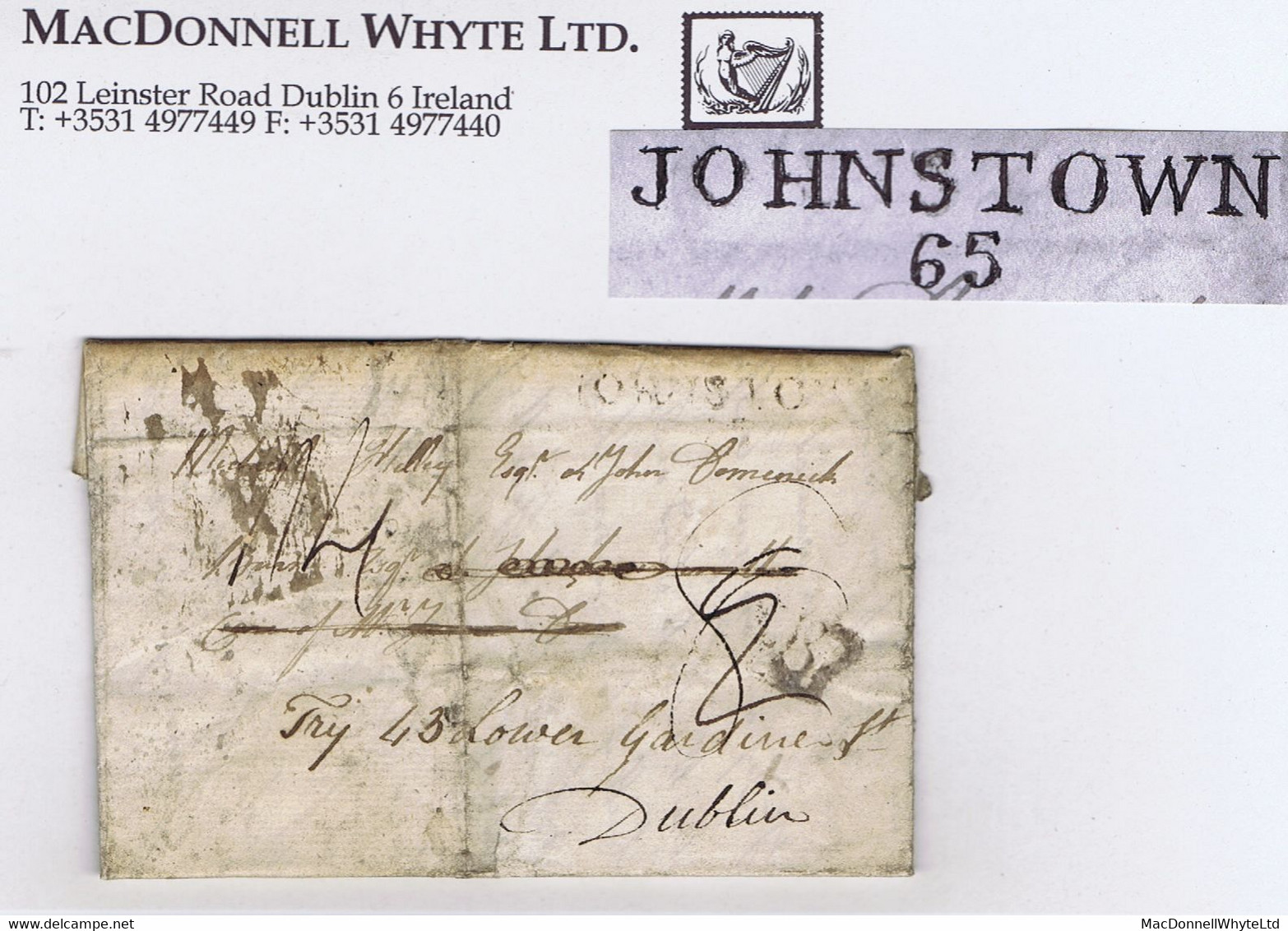 Ireland Kilkenny 1818 Letter To Dublin JOHNSTOWN/65 (or 63) Town Mileage, Black Inspector's Crown Ove Rerate - Prephilately
