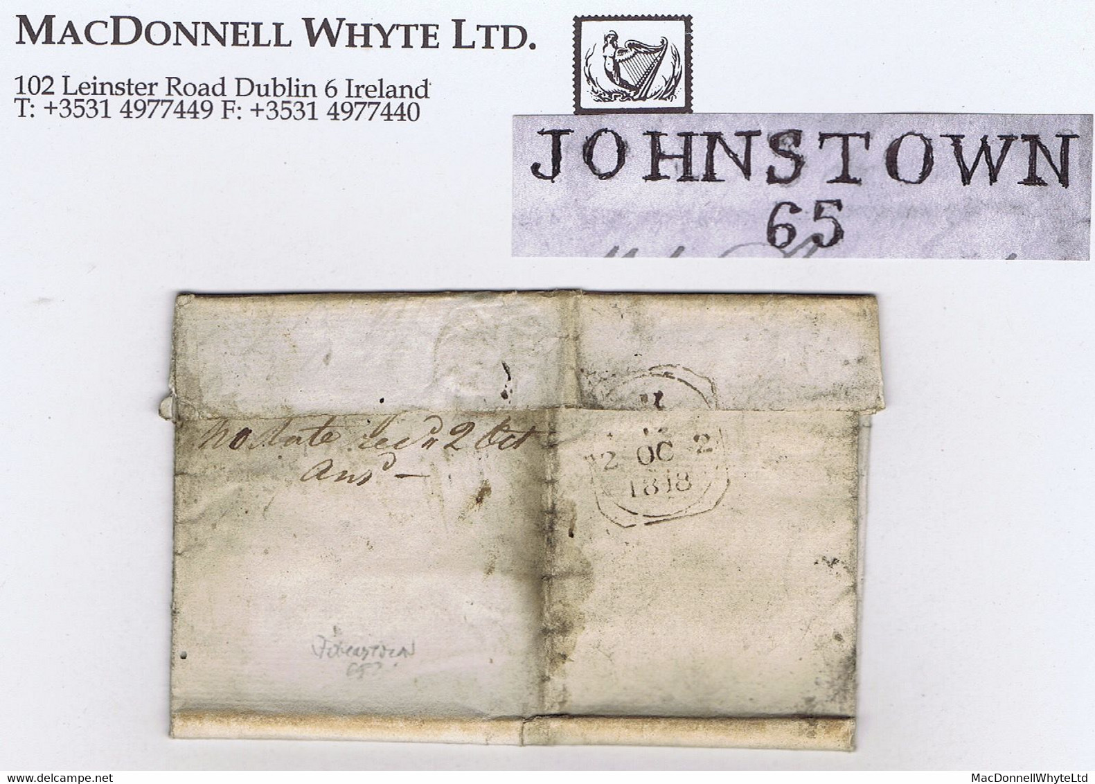 Ireland Kilkenny 1818 Letter To Dublin JOHNSTOWN/65 (or 63) Town Mileage, Black Inspector's Crown Ove Rerate - Prephilately