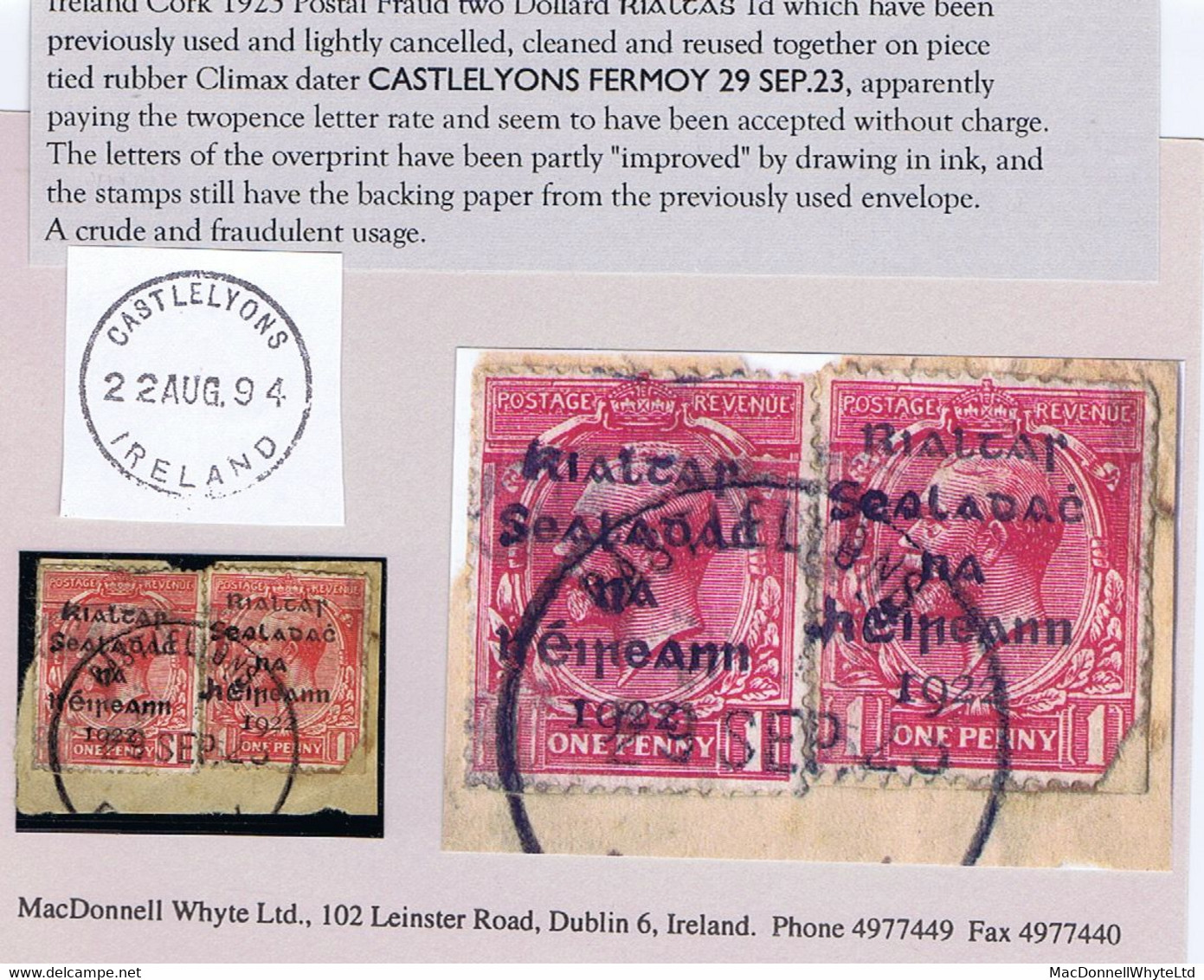 Ireland 1923 Postal Fraud Cork Two Dollard Rialtas 1d Reused On Piece CASTLELYONS FERMOY 29 SEP.23 - Used Stamps