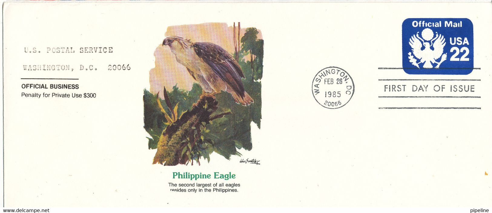 USA FDC Postal Stationery Official Mail Cover The PHILIPPINE EAGLE Washington 26-2-1985 - 1981-1990