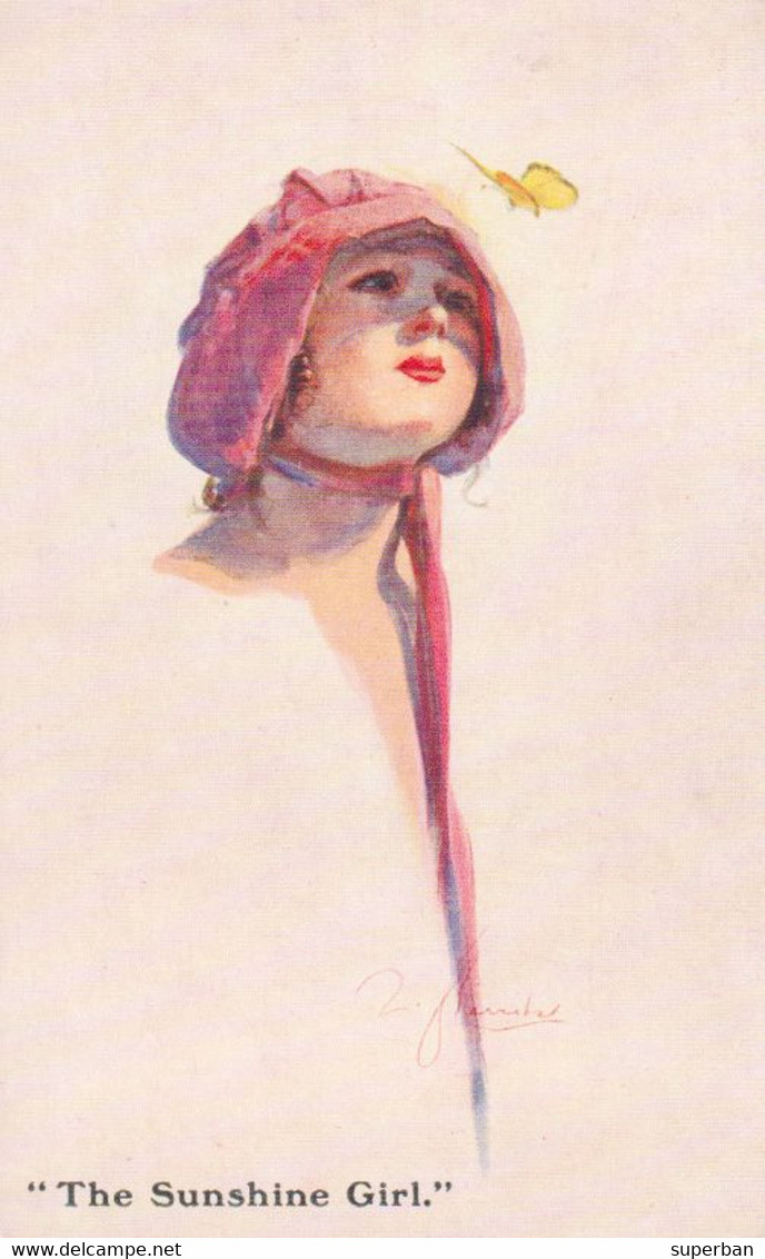ART NOUVEAU / ART DÉCO : JEUNE FEMME Au CHAPEAU ROUGE Et PAPILLON JAUNE - SUNSHINE GIRL Par W. BARRIBAL ~ 1910 (ak725) - Barribal, W.