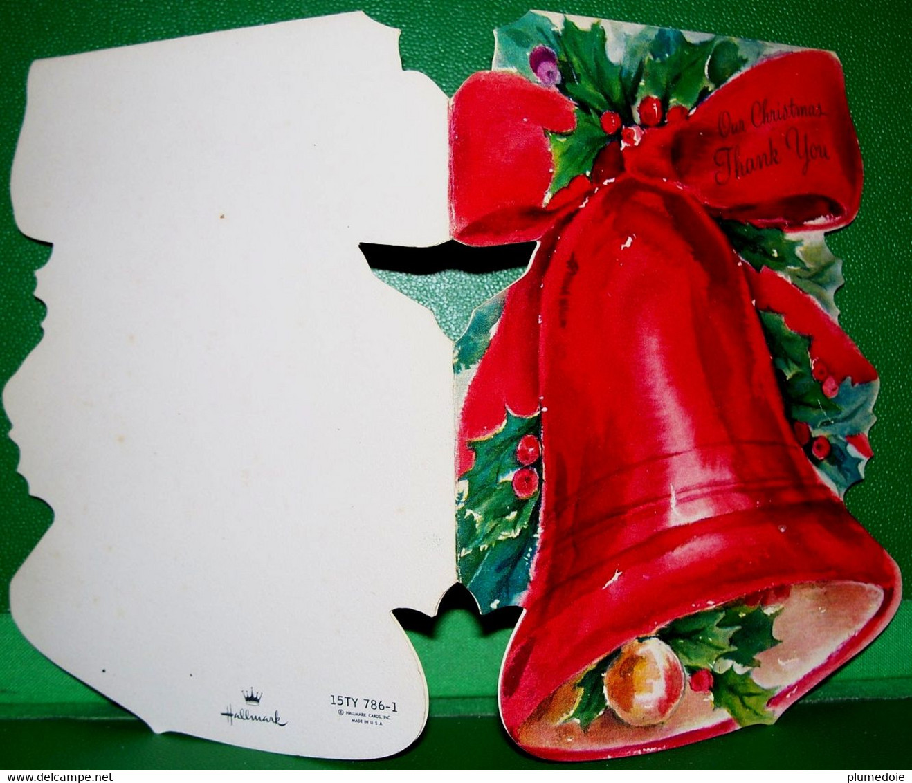 Gaufrée , CARTE NOEL  CLOCHE & HOUX , CHRISTMAS BELL , HOLLY Embossed DIE CUT HALLMARK CARD - Kerstmotief