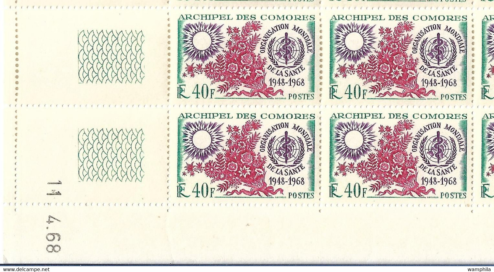 Comores N°46** En Feuille De 25 Coin Daté, Organisation Mondiale De La Santé, Cote 78€. - Unused Stamps