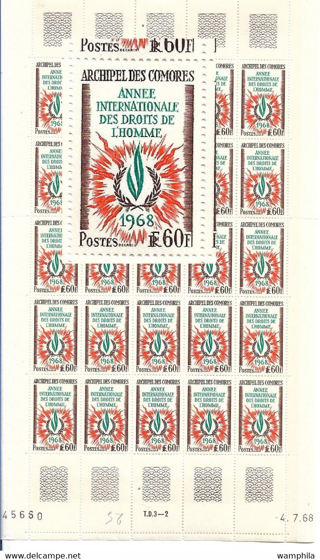 Comores N°49** En Feuille De 25 Coin Daté, Droit De L'homme, Cote 104€. - Unused Stamps