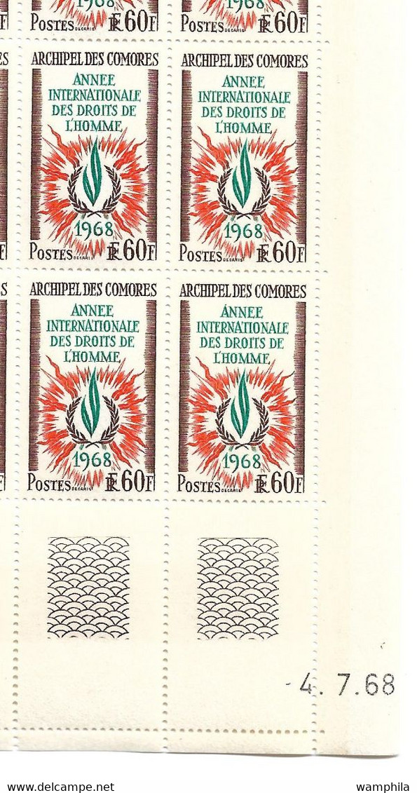 Comores N°49** En Feuille De 25 Coin Daté, Droit De L'homme, Cote 104€. - Unused Stamps