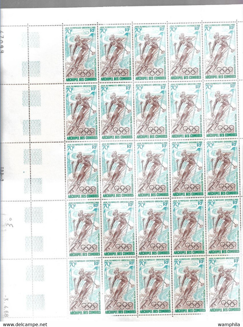 Comores P.A N°22** En Feuille De 25 Coin Daté, Ski J.O De Grenoble, Cote 195€. - Unused Stamps