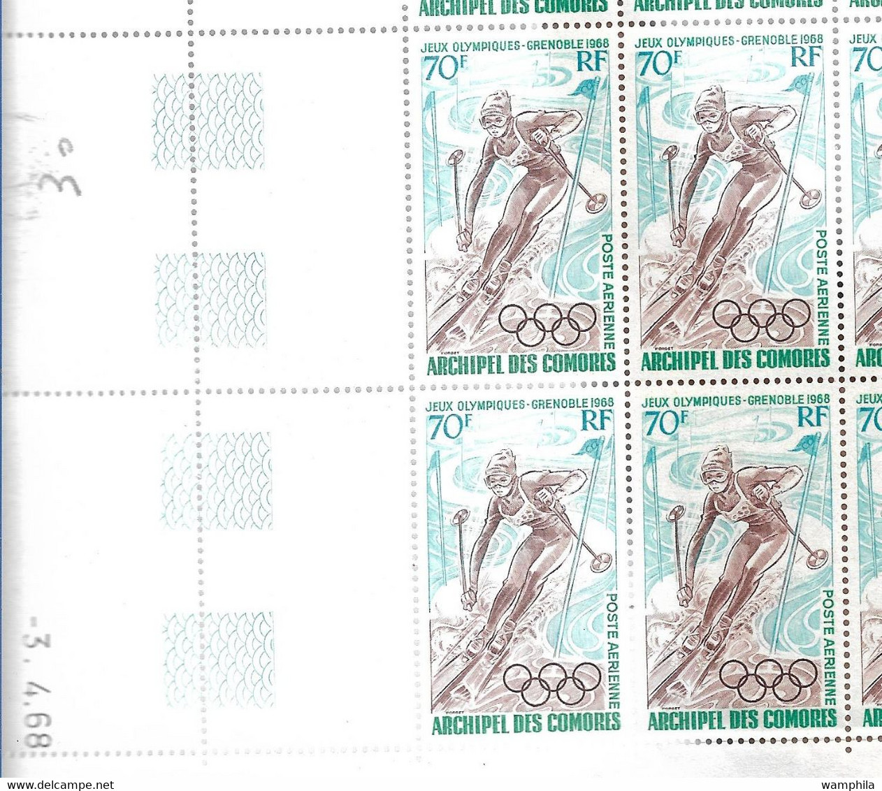 Comores P.A N°22** En Feuille De 25 Coin Daté, Ski J.O De Grenoble, Cote 195€. - Unused Stamps