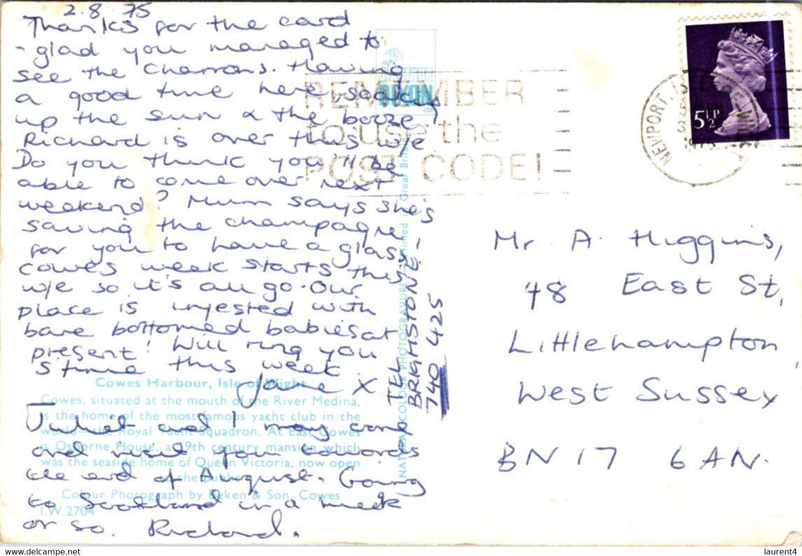 (1 M 26) UK (posted 1975) - Isle Of Wight - Cowes Harbour - Cowes