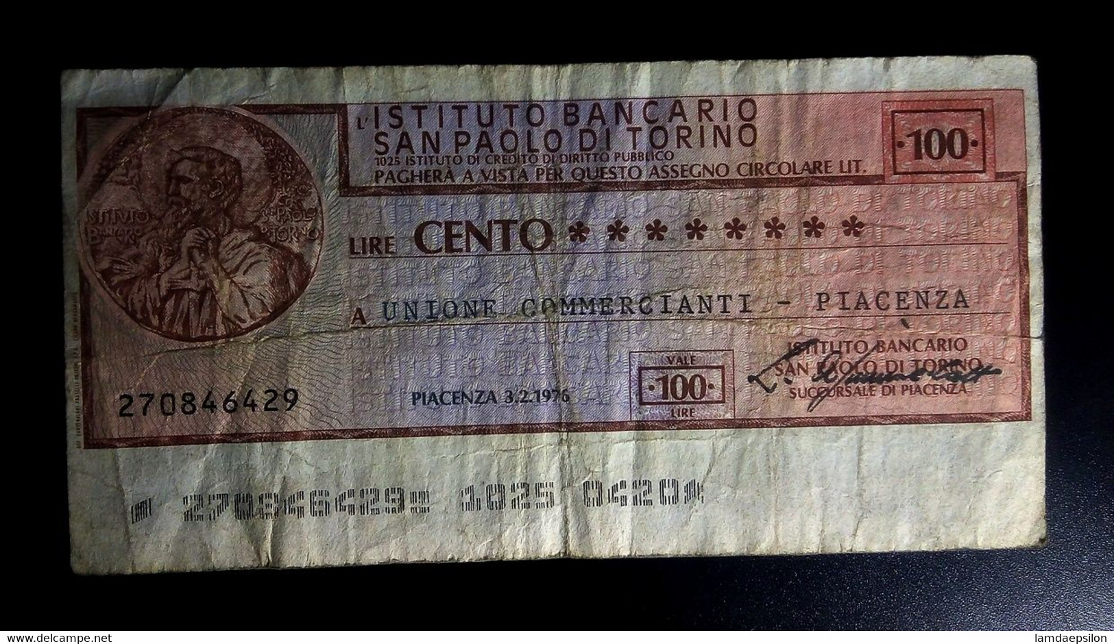 A7  ITALIE   BILLETS DU MONDE   ITALIA  BANKNOTES  100  LIRE 1976 BANCARIO DI TORINO - [ 9] Verzamelingen