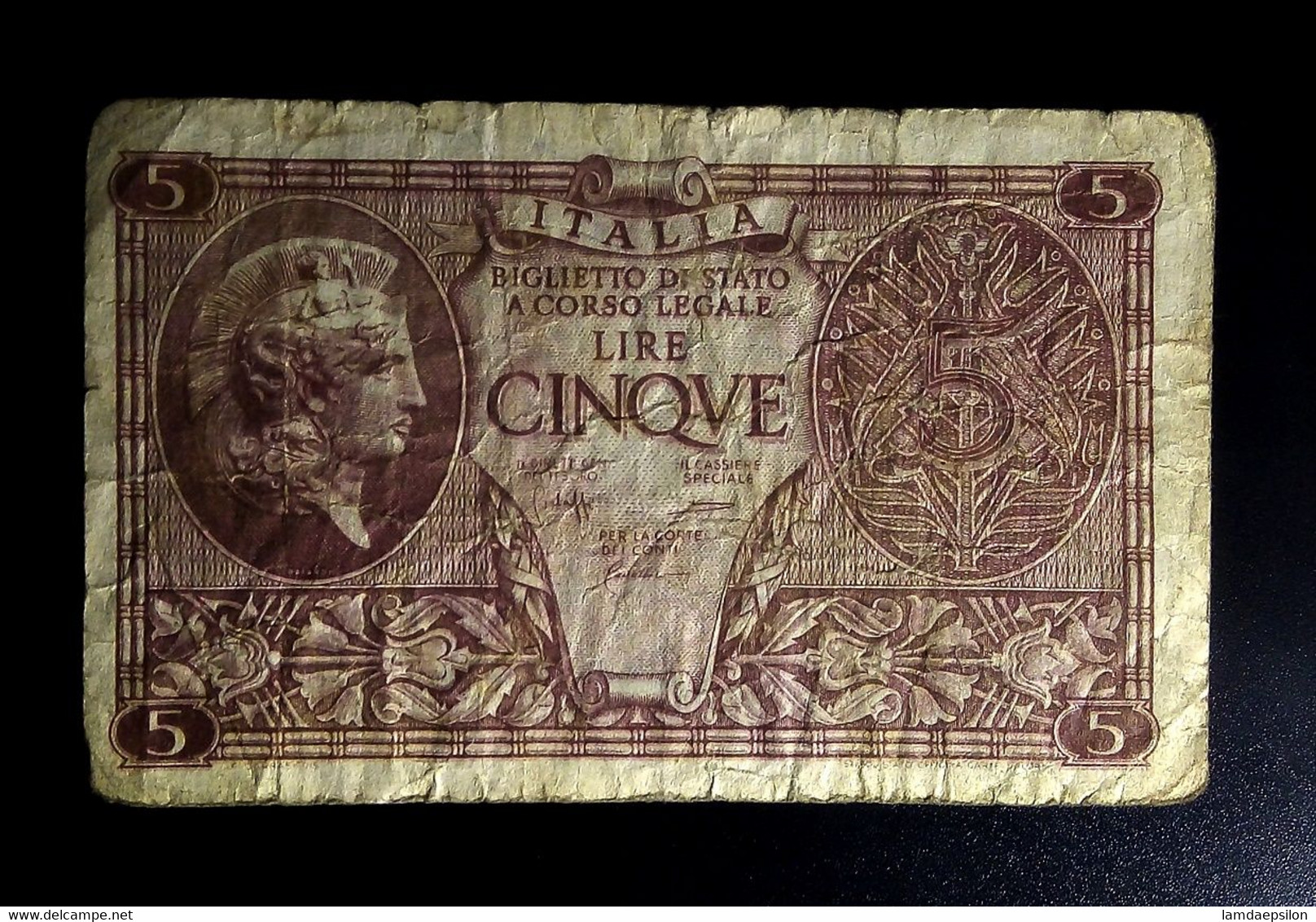 A7  ITALIE   BILLETS DU MONDE   ITALIA  BANKNOTES  5  LIRE 1944 - [ 9] Collezioni