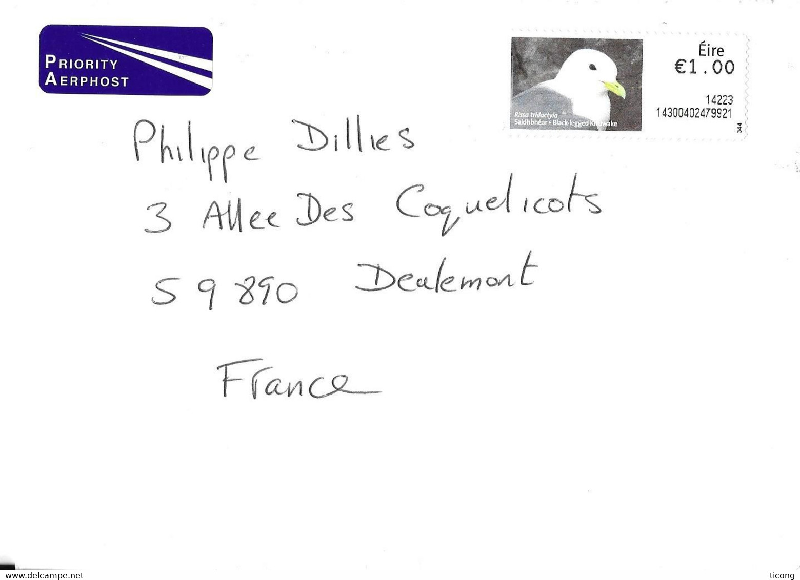 EIRE IRLANDE 2014 - LETTRE POUR LA FRANCE, TIMBRE DE DISTRIBUTEUR TYPE MOUETTE, VOIR LES SCANNERS - Covers & Documents