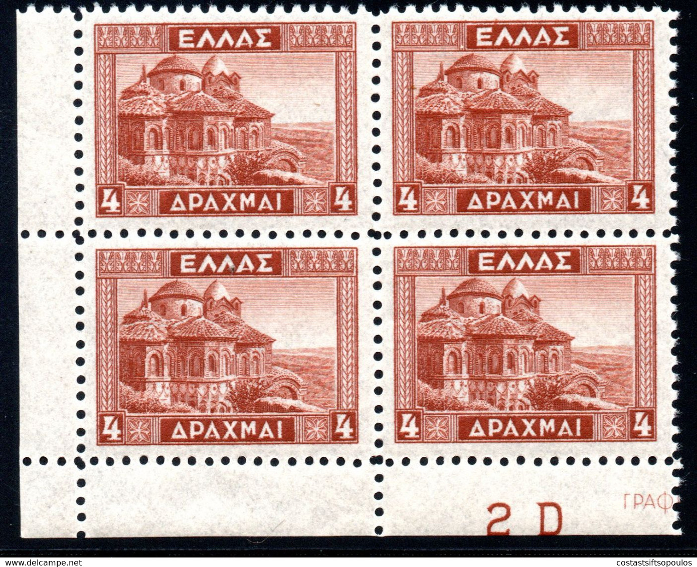 1170.GREECE.1935 MISTRAS,MNH PLATE BLOCK OF 4,SC.382,HELLAS 527 - Ongebruikt