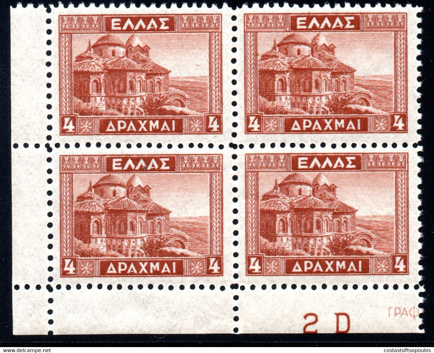 1170.GREECE.1935 MISTRAS,MNH PLATE BLOCK OF 4,SC.382,HELLAS 527 - Nuovi