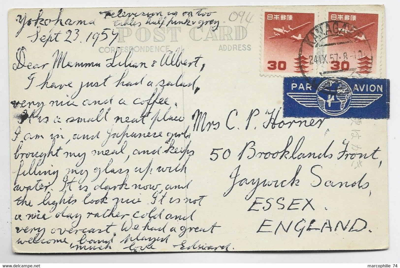 JAPAN JAPON PA 30CX2  AVION KANAGAWA 24.IX.1957 JAPAN CARD YOKOHAMA TO ENGLAND - Brieven En Documenten