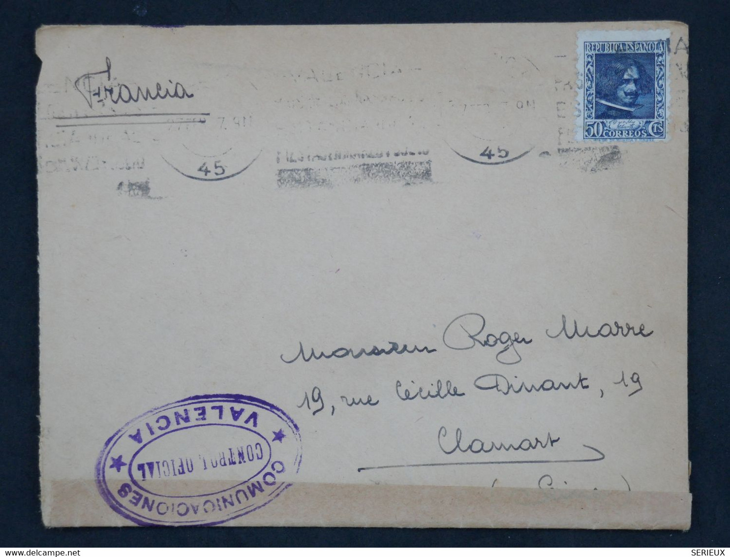 BH19 ESPANA BELLE LETTRE CENSUREE 1945 VALENCIA A CLAMART+ + AFFRANCH. INTERESSANT - Republikeinse Censuur