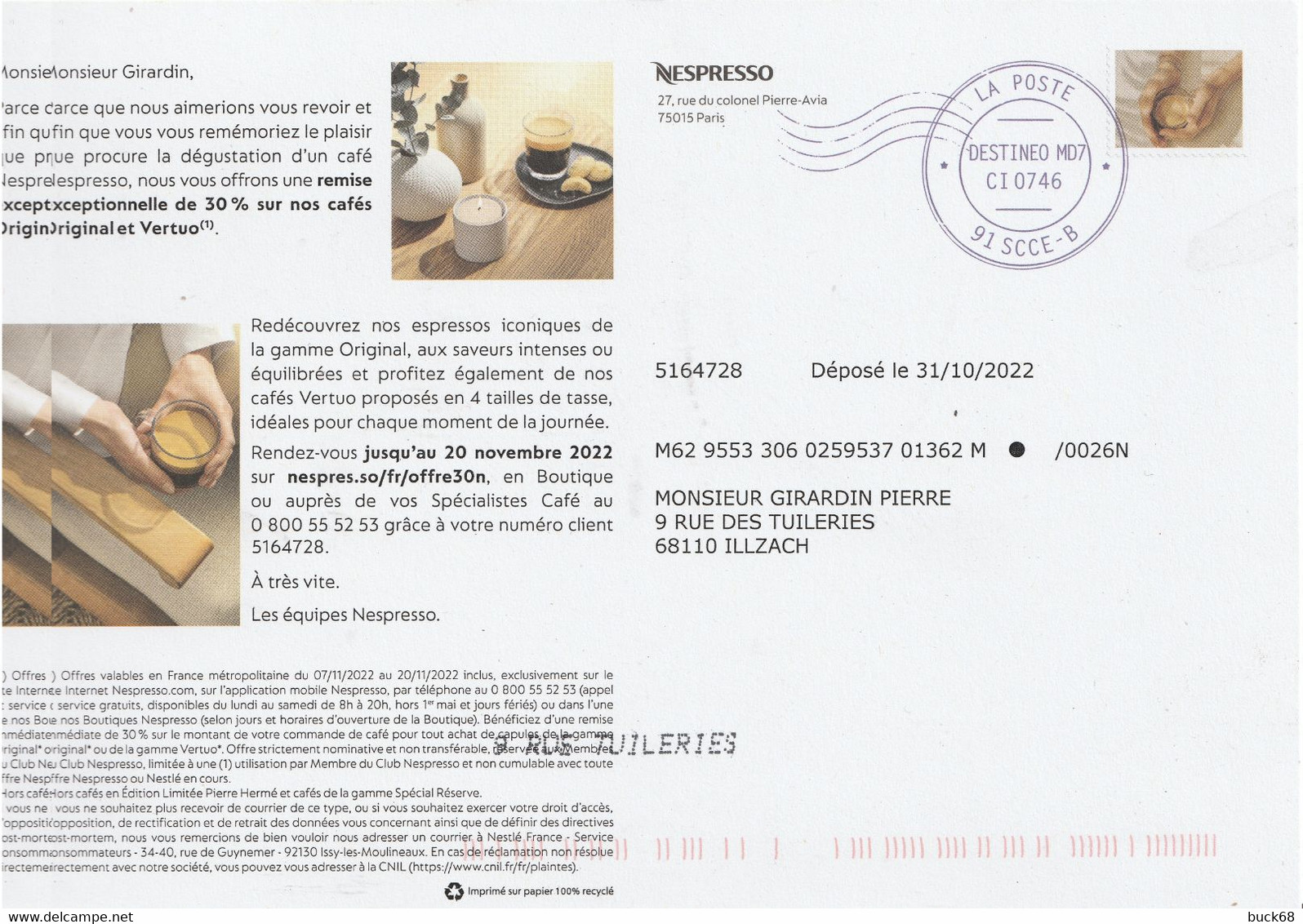 FRANCE PAP 2022 Entier Postal DESTINEO M07  Timbre En Ligne NESPRESSO Café Ganzsache Stationary Octobre 31 - Privatganzsachen