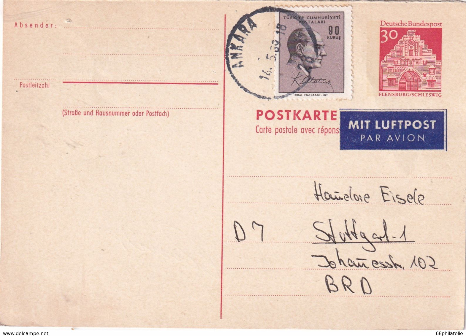 BUND ENTIER POSTAL/GANZSACHE/POSTAL STATIONARY REPONSE DE ANKARA 1959 - Postkarten - Gebraucht