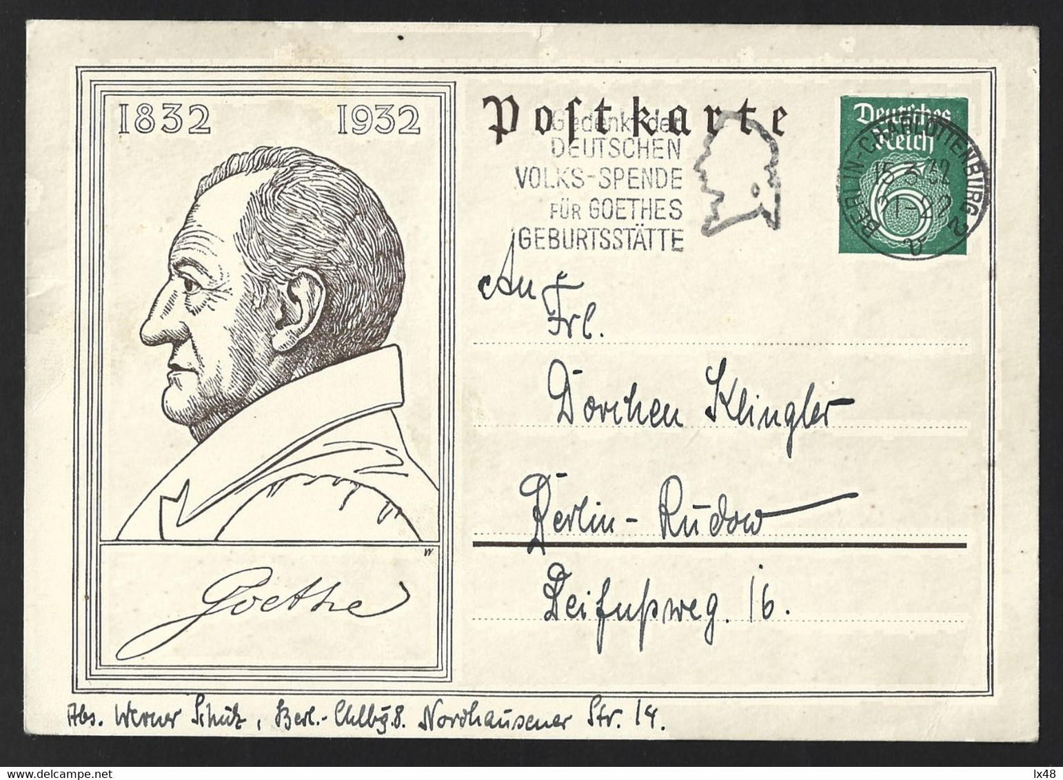 Goethe. Postcard 100 Year Birth Stationery And Streamer. Goethe. Postkarte 100 Jahre Geburt Briefpapier Und Streamer. - Ecrivains