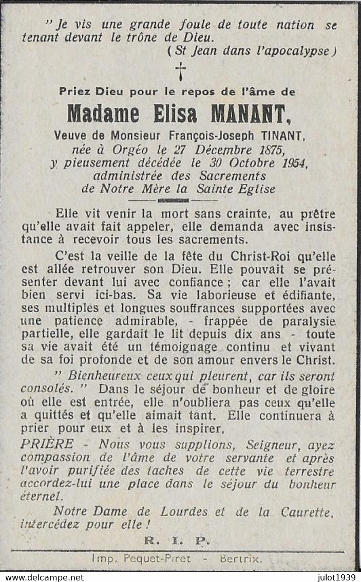 ORGEO ..-- Mme Elisa MANANT , Veuve De Mr François TINANT , Née En 1875 , Décédée En 1954 . - Bertrix