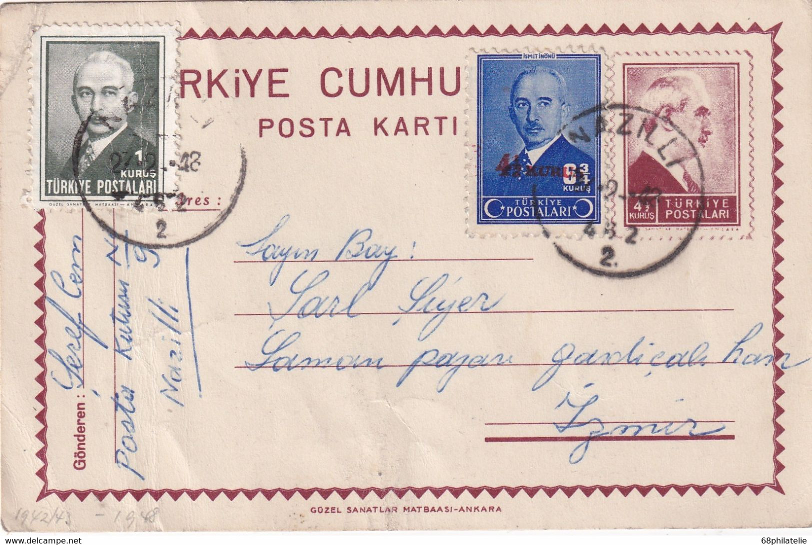 TURQUIE  ENTIER POSTAL/GANZSACHE/POSTAL STATIONARY CARTE DE NAZILI 1948 - Entiers Postaux