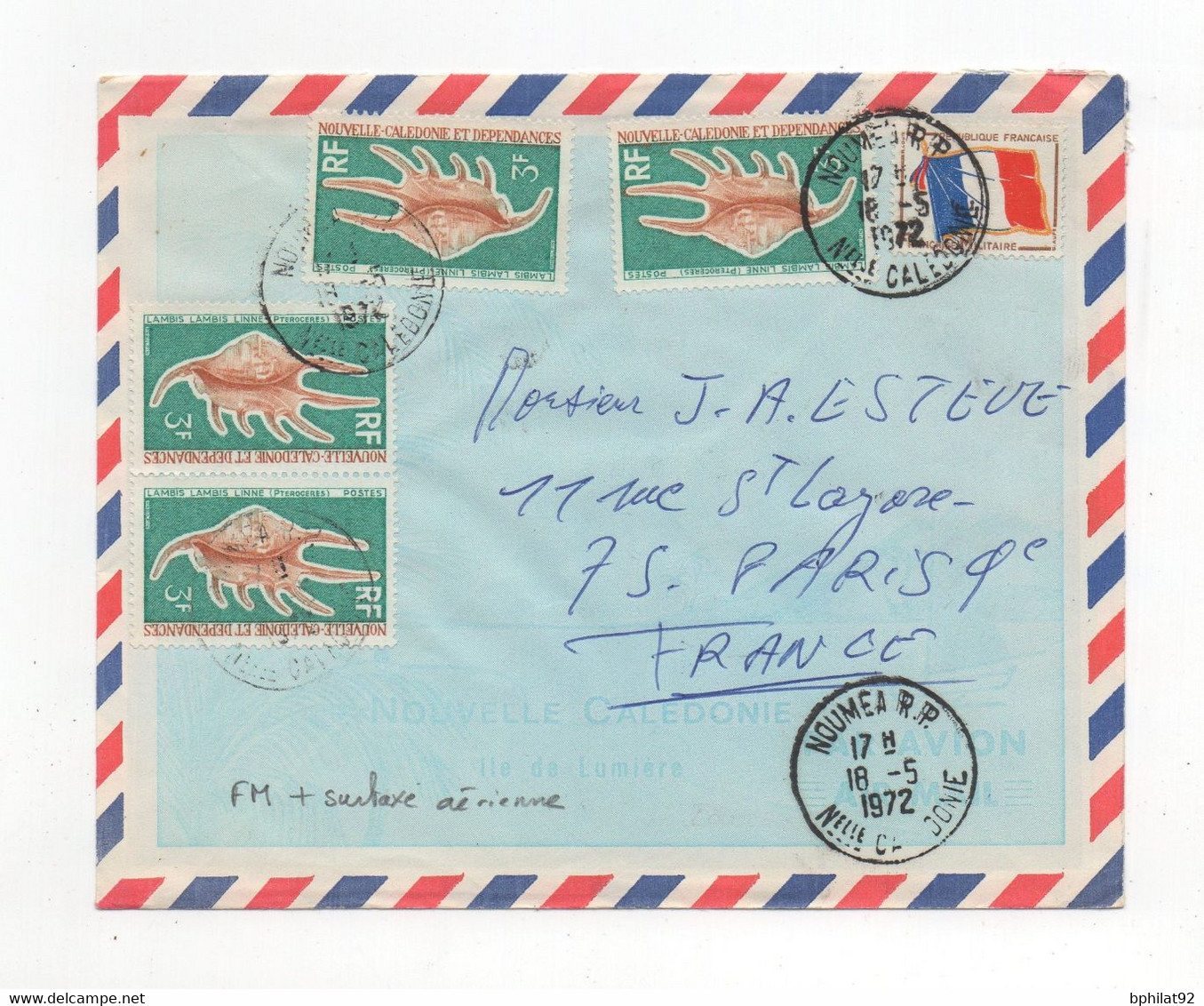 !!! LETTRE EN FRANCHISE PAR AVION DE NOUMEA POUR PARIS DE 1972, AVEC COMPLEMENTS DE SURTAXE AERIENNE - Covers & Documents