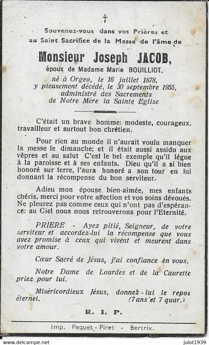 ORGEO ..-- Mr Joseph JACOB , époux De Mme Marie BOUILLIOT , Né En 1878 , Décédé En 1955 . - Bertrix