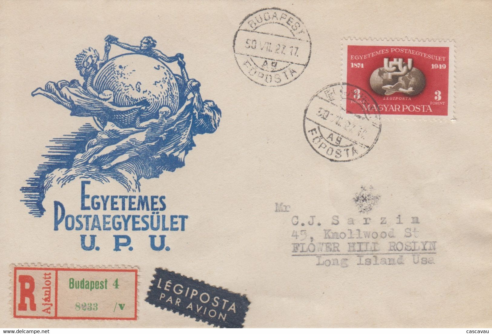 Enveloppe  Recommandée   FDC   1er   Jour    HONGRIE   75éme  Anniversaire  De   L' U.P.U   1950 - FDC