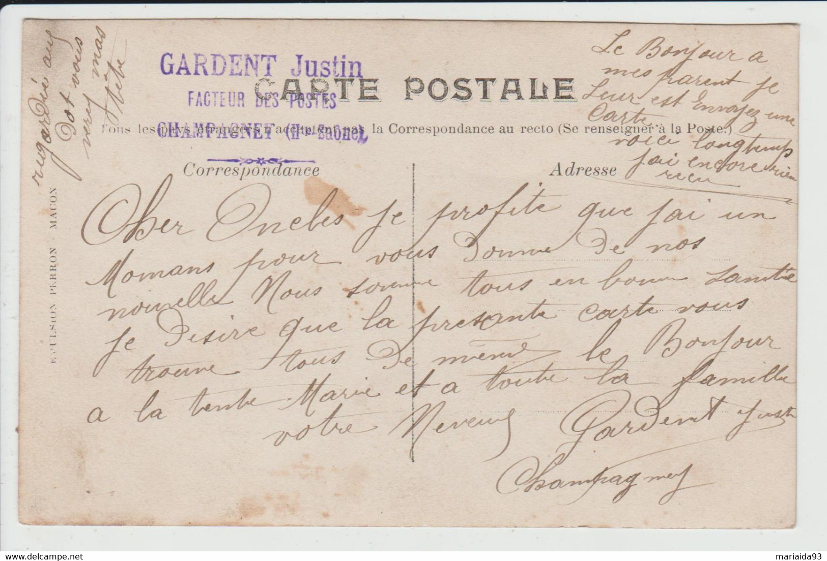 CHAMPAGNEY - HAUTE SAONE - CARTE PHOTO - LE FACTEUR DES POSTES JUSTIN GARDENT - LA POSTE - Champagney