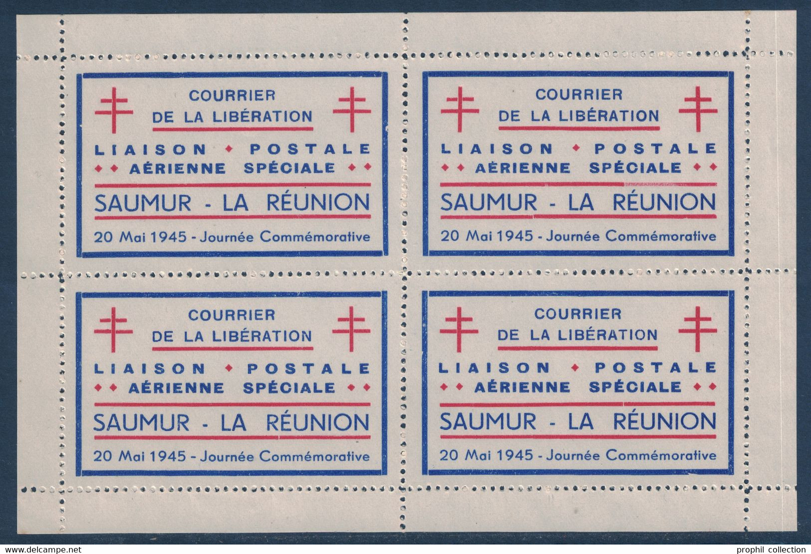 BLOC De 4 VIGNETTES LIAISON POSTALE AÉRIENNE SPÉCILAE SAUMUR LA REUNION 1945 COURRIER DE LA LIBÉRATION - Aviation