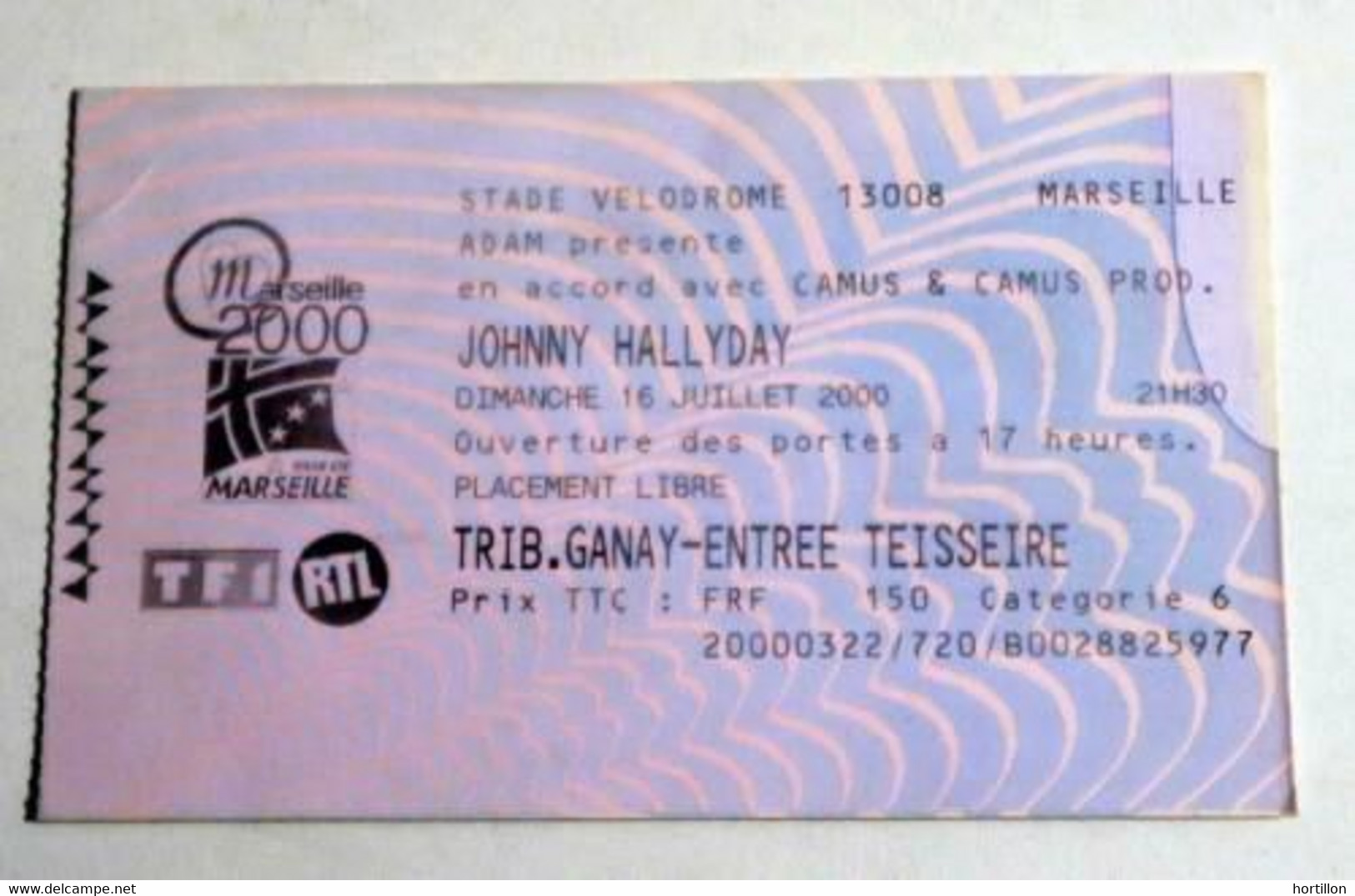 JOHNNY HALLYDAY Billet Ticket Concert FRANCE Marseille Vélodrome 16/07/2000 - Entradas A Conciertos