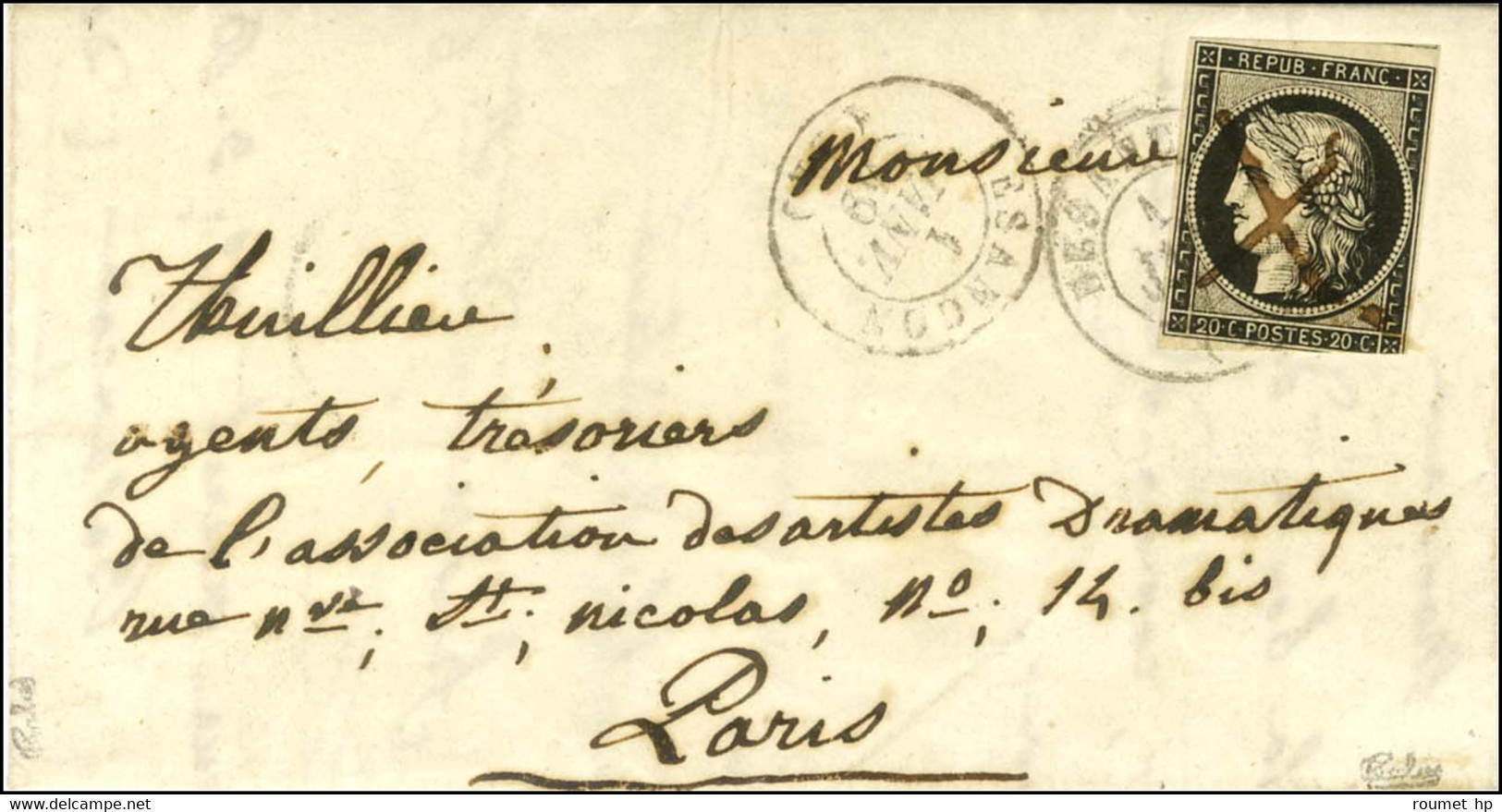 Plume + Càd T 15 BESANÇON (24) 1 JANV. 49 / N° 3 (leg Def) Sur Lettre Avec Texte Daté Du 1 Janvier 1849 Pour Paris. - TB - 1849-1850 Ceres