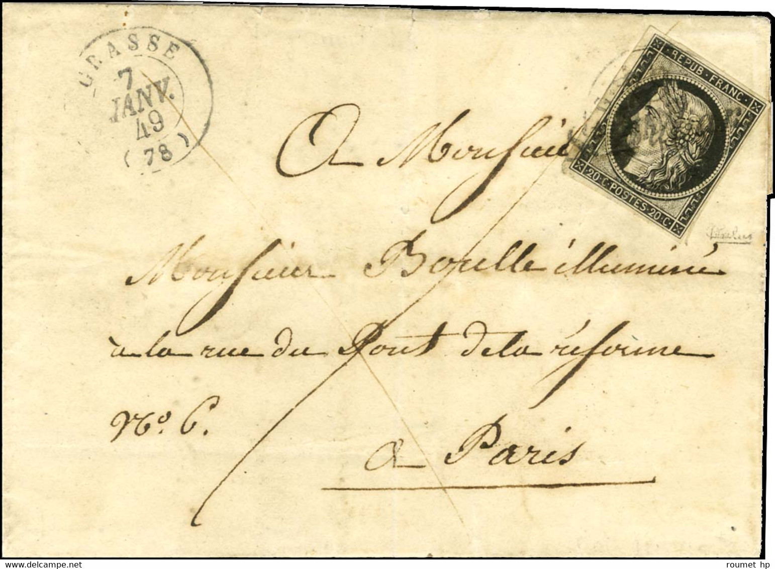 Cursive 78 / St Auban + Càd T 15 GRASSE (78) 7 JANV. 49 / N° 3 (infime Froissure) Sur Lettre Pour Paris. - TB / SUP. - R - 1849-1850 Ceres