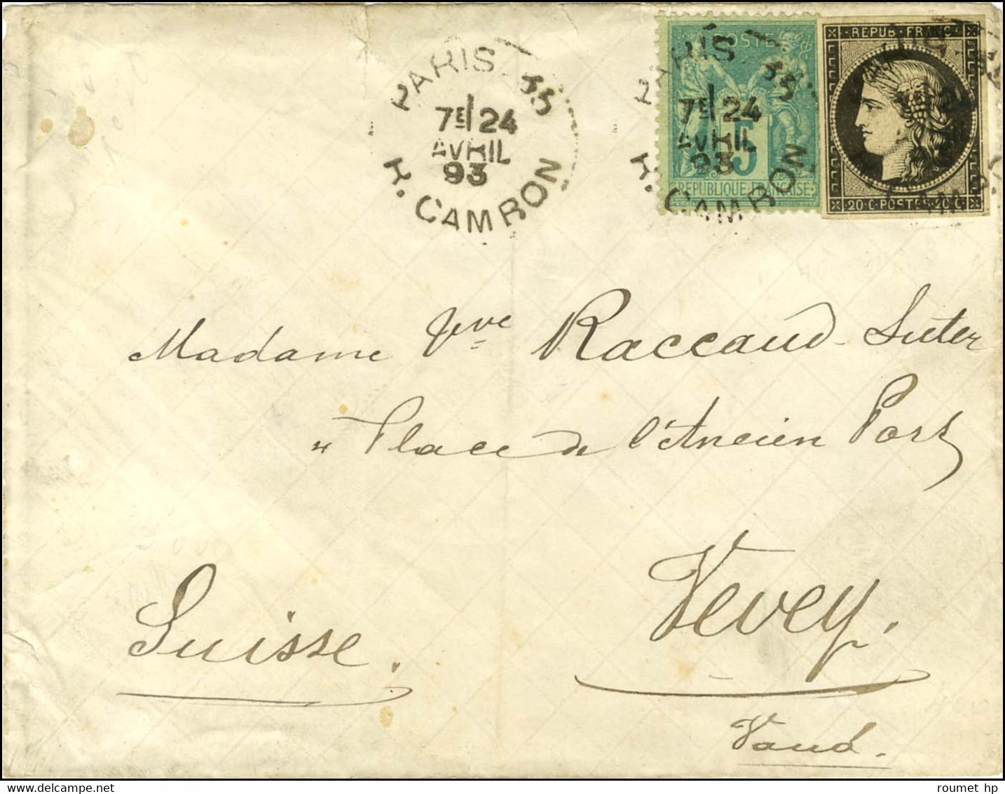 Càd PARIS / R. CAMBON / N° 3 + N° 75 Sur Lettre Pour Vevey. 1893. Usage Tardif Du 20c. Noir. - TB / SUP. - 1849-1850 Cérès