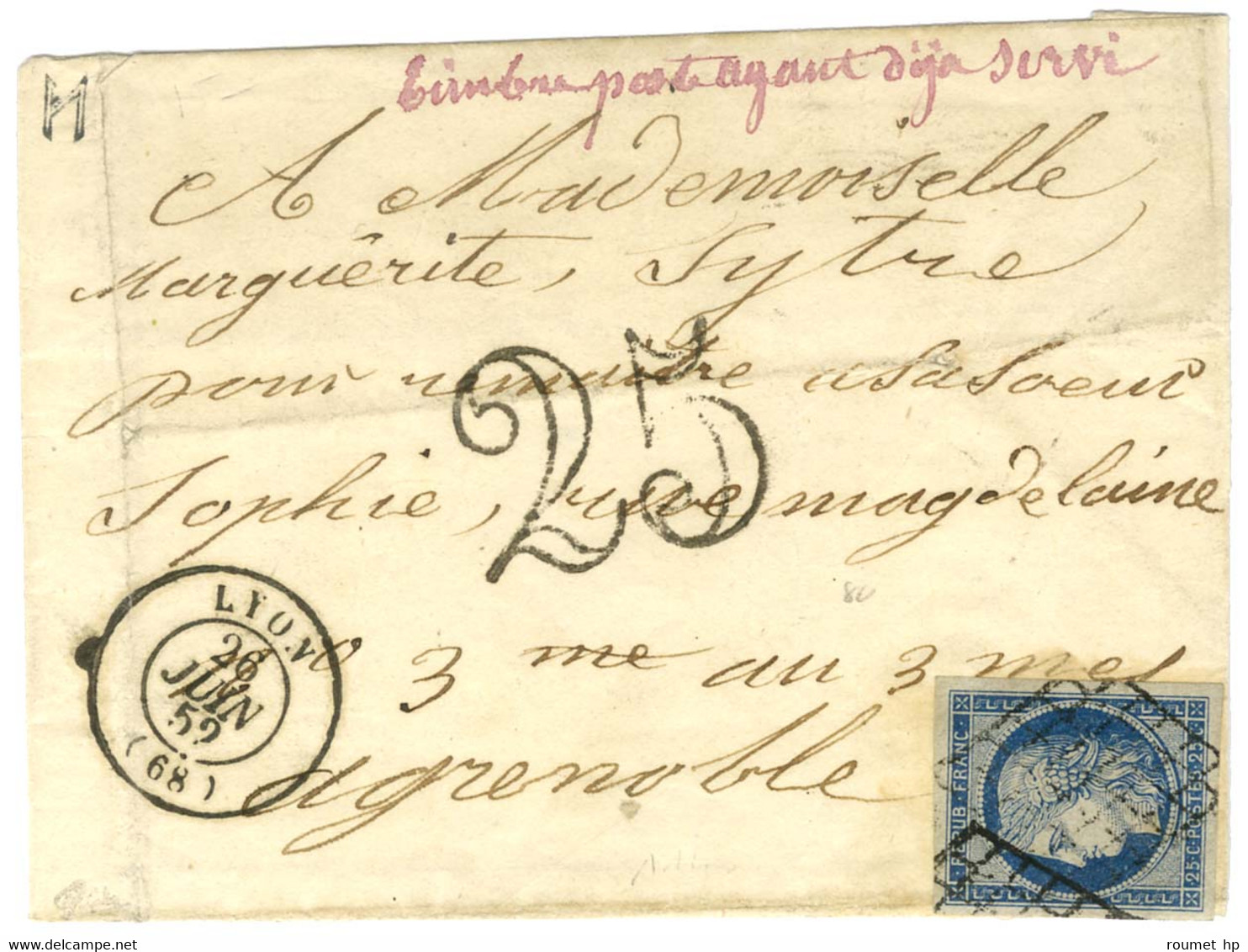 Grille / N° 4 Càd T 15 LYON (68) Taxe 25 DT Pour Timbre Ayant Déjà Servi Sur Lettre Pour Grenoble. 1852. - TB. - 1849-1850 Ceres