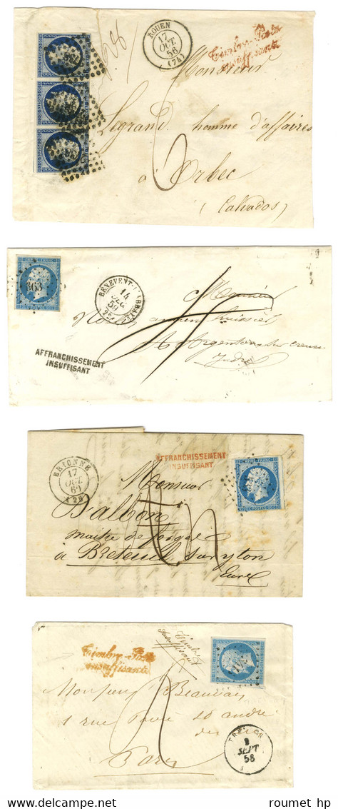 Lot De 4 Lettres Insuffisamment Affranchies Avec N° 14 Taxées. - TB. - 1853-1860 Napoleon III