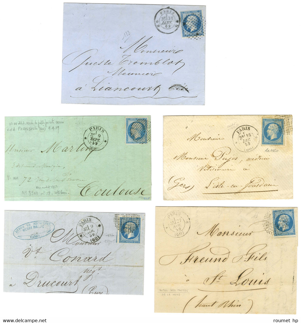 Lot De 5 Lettres Affranchies Avec N° 14 Présentant Des Oblitérations Cercle De Points. - TB / SUP. - 1853-1860 Napoleon III