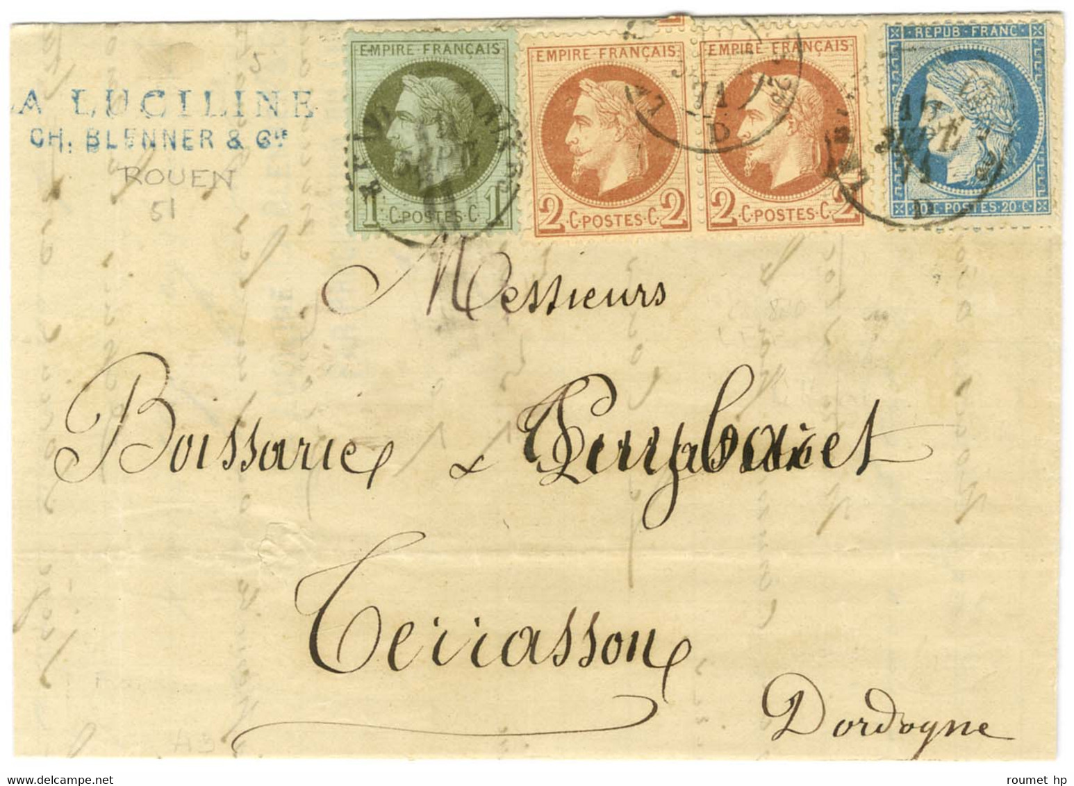 Càd Ambulant 10 SEPT. 71 / N° 25 + 26 Paire + 37 Sur Lettre Avec Texte Daté De Rouen Le 8 Septembre 1871 Pour Terrasson. - 1863-1870 Napoleone III Con Gli Allori