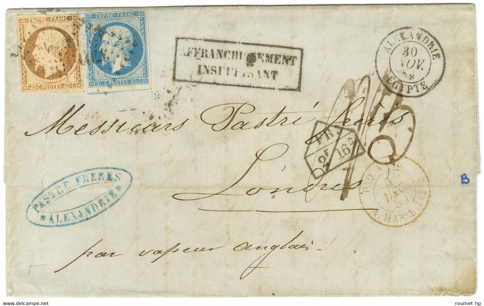 PC 3704 / N° 14 (infime Def) + 16 Càd ALEXANDRIE / EGYPTE Sur Lettre Insuffisamment Affranchie Pour Londres. Au Recto, M - Maritime Post