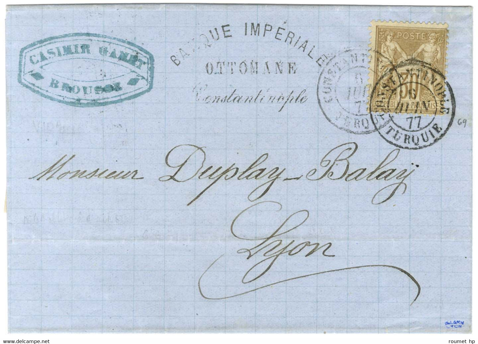 Càd CONSTANTINOPLE / TURQUIE / N° 69 Sur Lettre Acheminée De Brousse Jusqu'à Constantinople Pour Lyon. 1877. - SUP. - Maritime Post