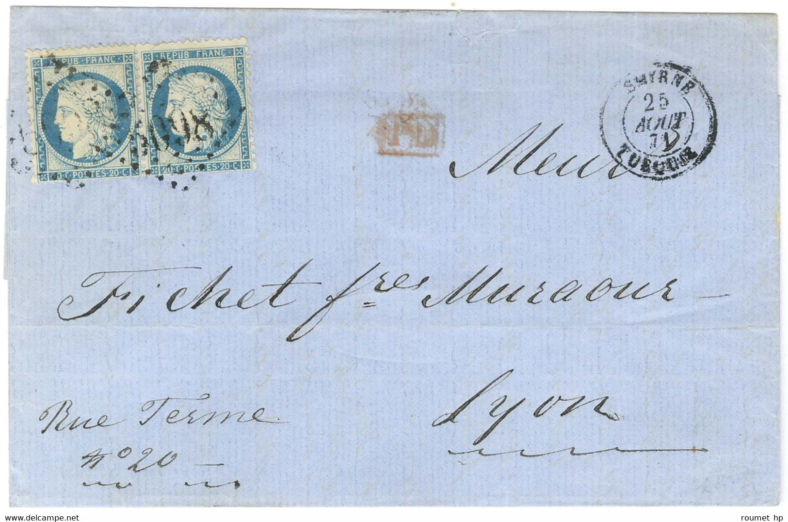 GC 5098 / N° 37 Paire Càd SMYRNE / TURQUIE Sur Lettre Pour Lyon. 1871. - TB / SUP. - Maritime Post